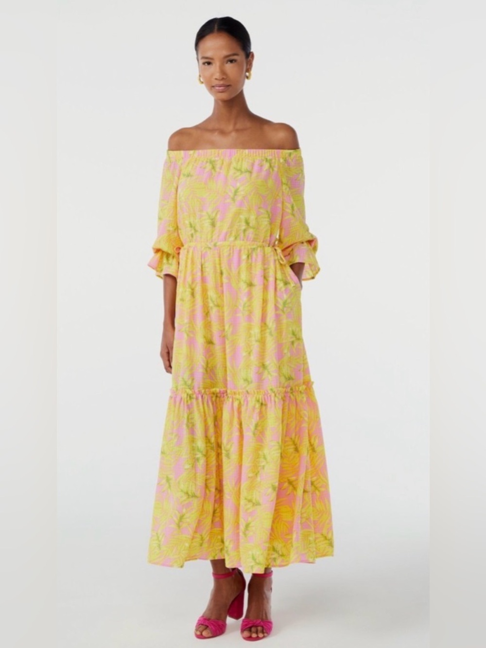 Off-Shoulder Yellow Floral Maxi Dress with Pink Accents